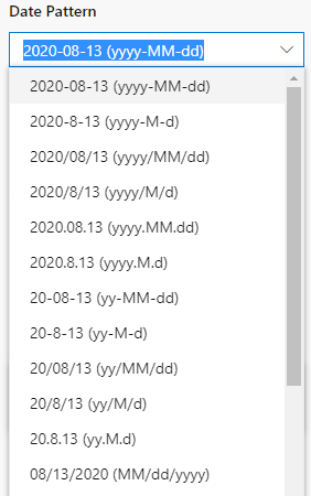 Screenshot that shows the Date Pattern dropdown options on the Time and Locale pane.
