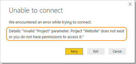 Screenshot that shows the Project not found error.