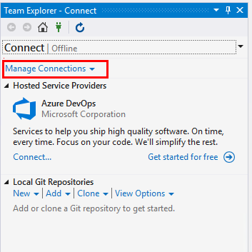 Screenshot of Team Explorer, Connect options.