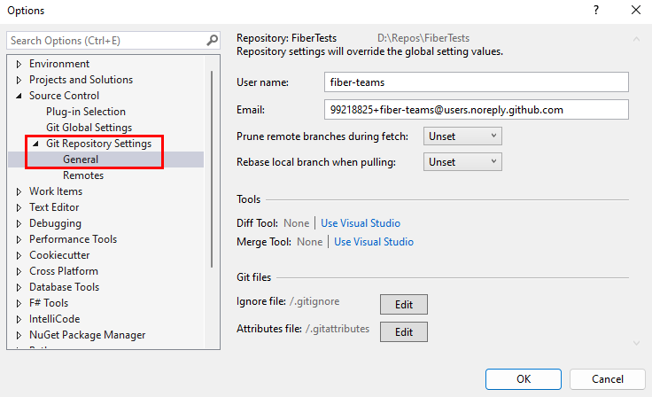 Screenshot of Git Repository Settings in the Options dialog of Visual Studio.