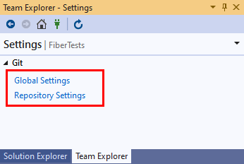 Screenshot of Global Settings link and the Repository Settings link in the Settings view of Team Explorer.