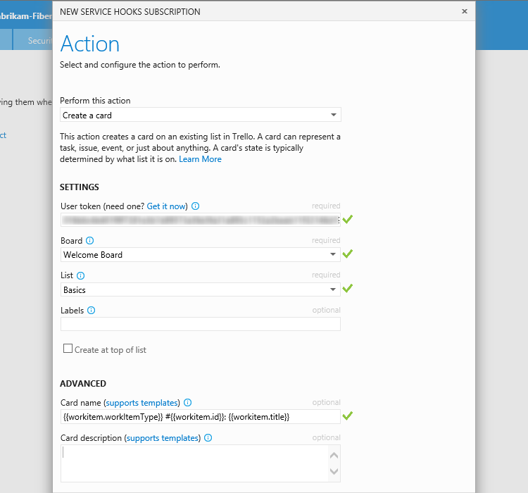Action configuration page