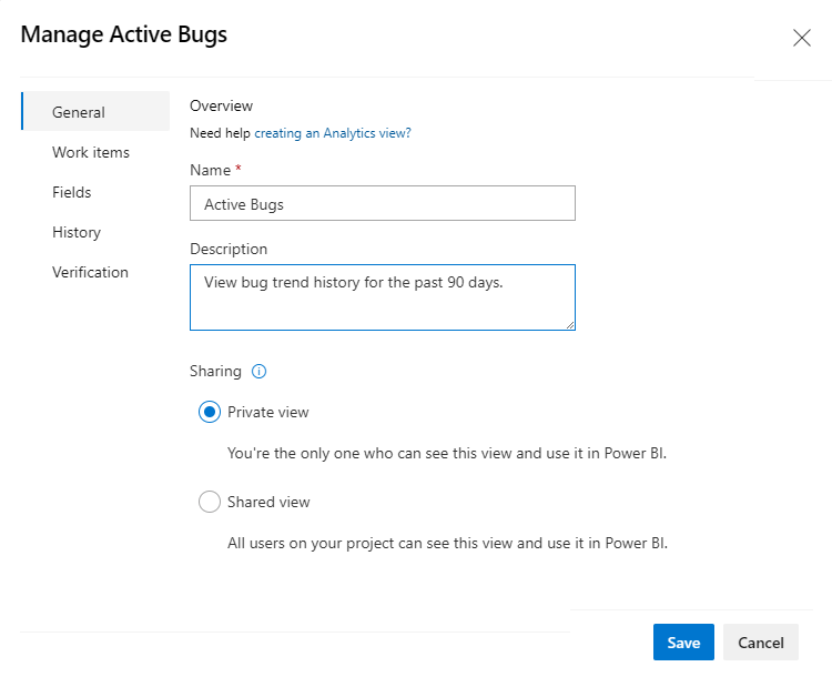 Screenshot of Manage Active Bugs dialog, General tab.