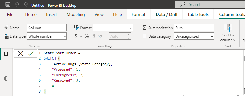Screenshot of Power BI Table tools tab, state category entry.