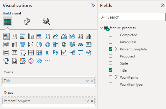 Screenshot of Power BI Visualizations and Fields selections for Feature Progress stacked bar chart report. 