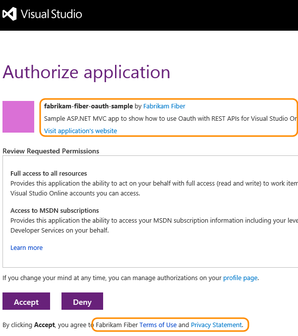 Screenshot of Accept or Deny buttons for authorization of the application.