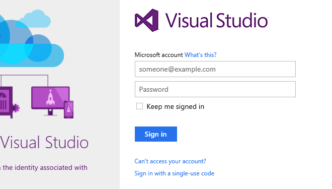 Screenshot of the Visual Studio sign in prompt.