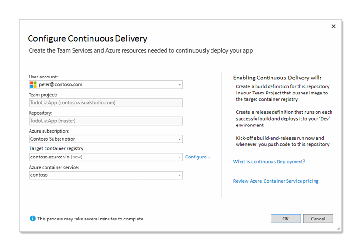 Continuous Delivery setup dialog for .NET Core project to Azure Container Service