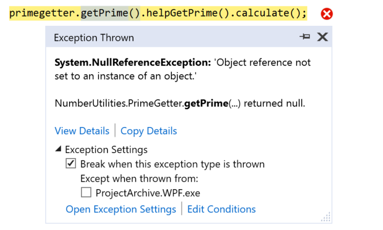 The New Exception Helper dialog