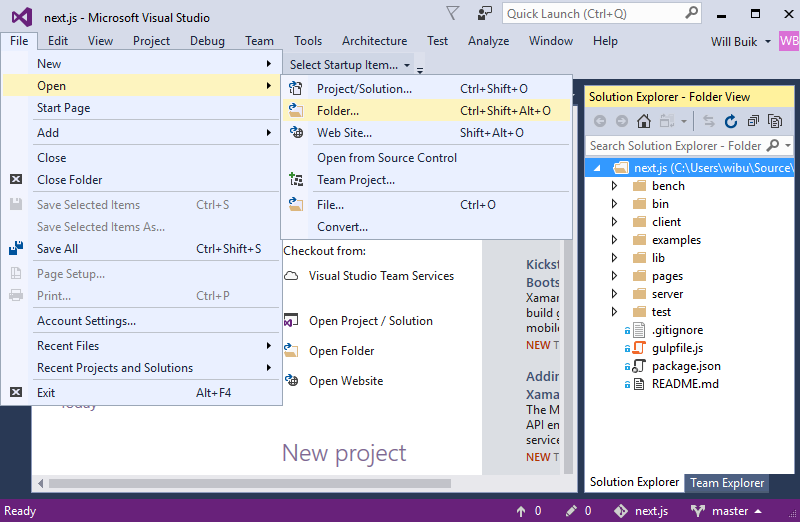 The new Open Folder feature in the Visual Studio IDE