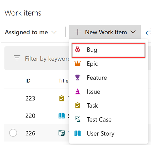 Work, Work Items Page, Add New Work Item, Bug