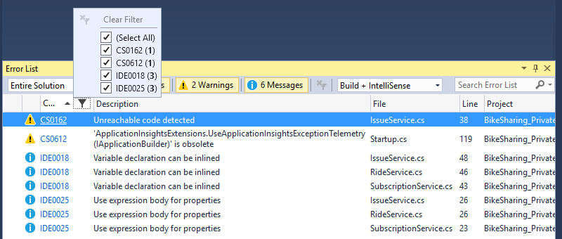 Screenshot of code issues using Error List