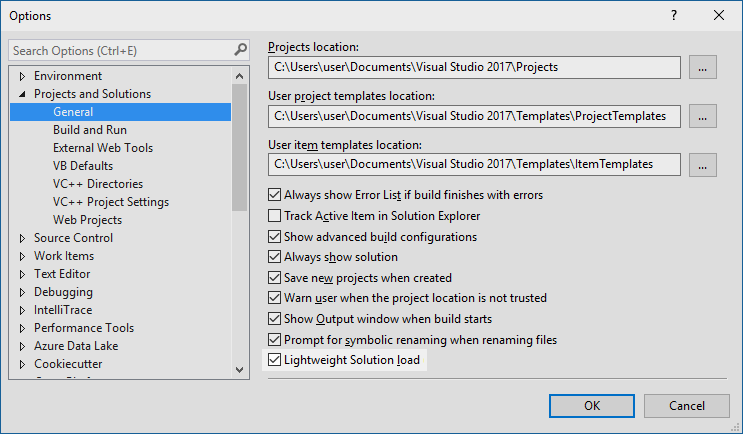 Visual Studio IDE 中的轻量级解决方案加载的新增功能